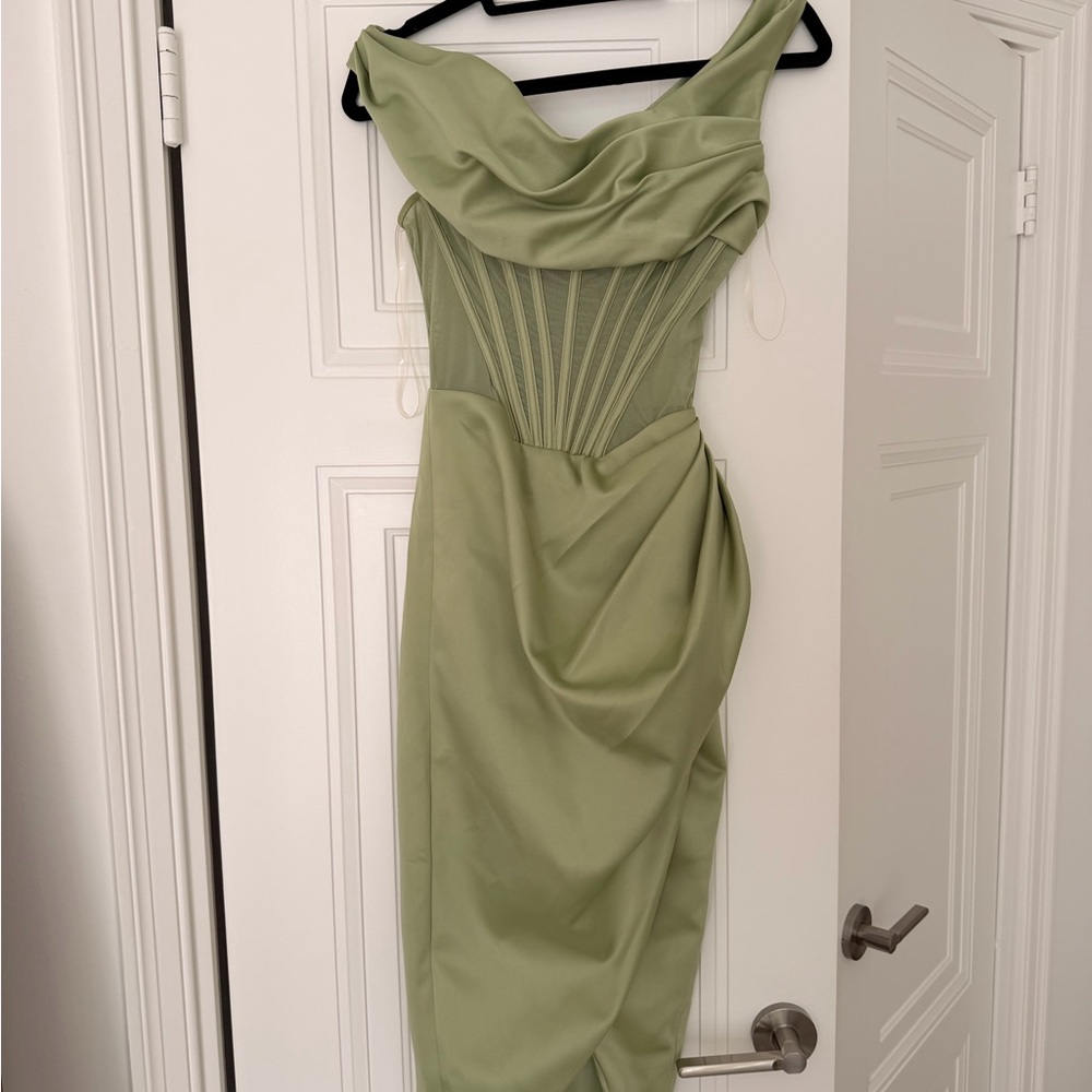 House of CB Sage Green Draped Off-Shoulder Midi Dress